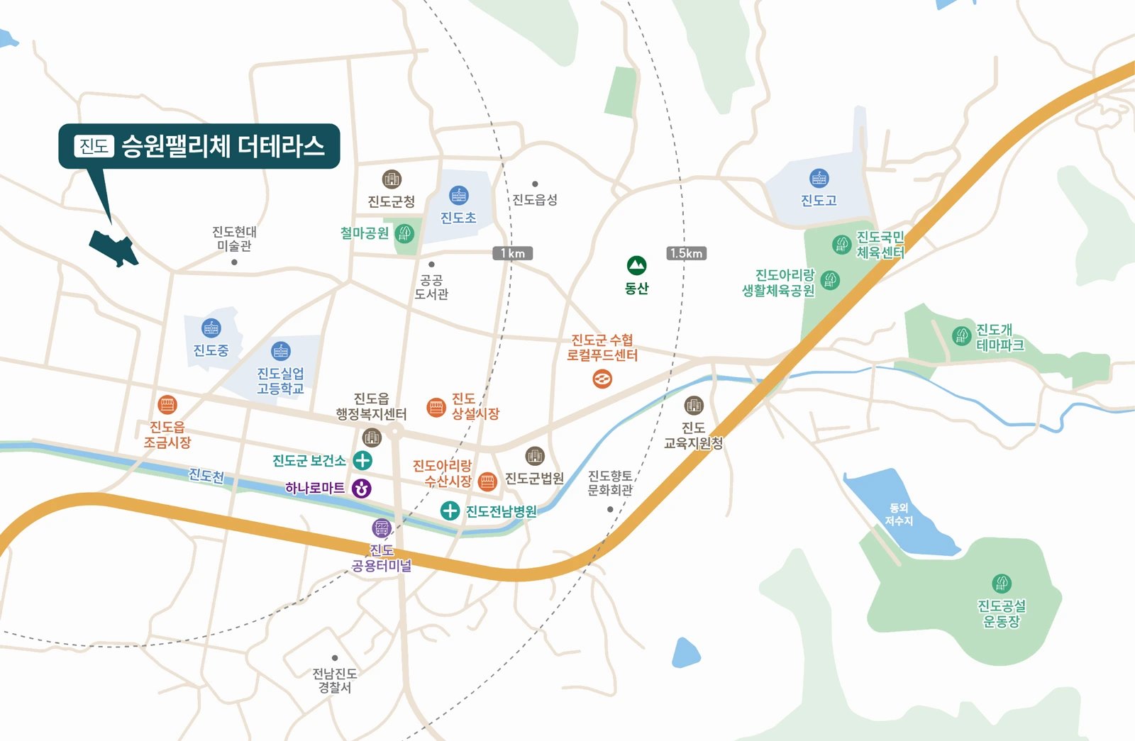 진도 승원팰리체 더테라스 입지도 - 진도읍 주변 생활·교육·교통 시설